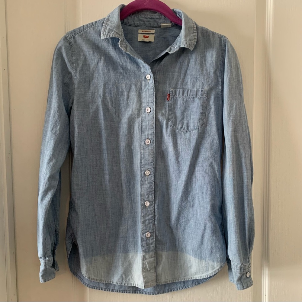 Levi’s Button Down Chambray Top Light Blue With B… - image 1